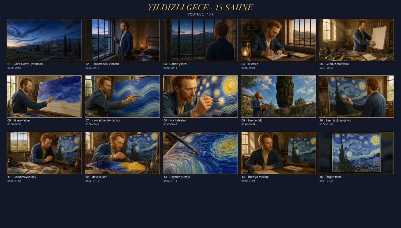 Yıldızlı Gece filminin storyboard panosu